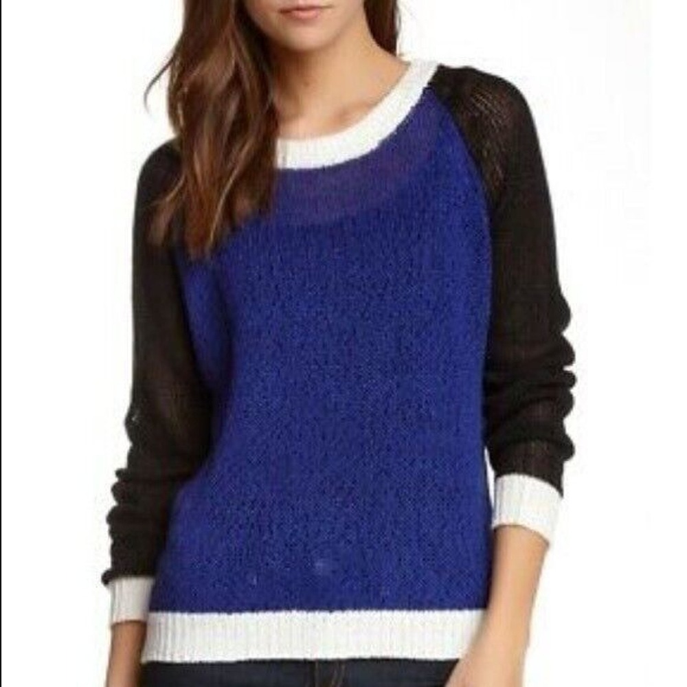 Townsen Sweater Women XS Blue Black Cream Open Knit Retro Colorblock Raglan Slv